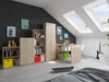 A modern attic room with a desk, shelving units, and a bed. Náhľad obrázku produktu