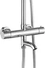 A close-up studio shot of a chrome shower faucet and showerhead. Produktbild-Vorschau