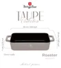 A marketing image showing a taupe roaster with dimensions and branding. Náhled obrázku produktu