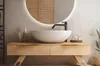 A modern bathroom vanity with a vessel sink, faucet, and LED mirror. Produktbild-Vorschau