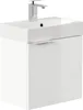 A white bathroom vanity with a sink and faucet. Produktbild-Vorschau