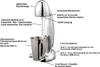 A chrome milkshake mixer with a stainless steel cup and labels pointing out its features. Produktbild-Vorschau