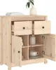 A light-colored wooden cabinet with two drawers and two doors, decorated with a plant and a vase on top. Produktbild-Vorschau