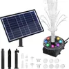 A solar-powered fountain pump with LED lights and various nozzle attachments, displayed with a solar panel. Produktbild-Vorschau