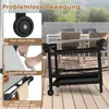 A grill cart is shown on a wooden deck with outdoor furniture in the background. Insets highlight features like wheels, a handle, and a towel rack. Produktbild-Vorschau