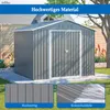 A grey metal garden shed with a pitched roof, shown outdoors on a lawn with a concrete path. Two inset images show close-ups of the material and protective film. Produktbild-Vorschau