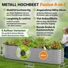 A raised garden bed filled with plants, with a child watering it in the background. The image includes text overlays highlighting product features and dimensions. Produktbild-Vorschau