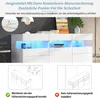 A white sideboard with blue LED lighting is shown, with instructional diagrams below demonstrating how to install an anti-tip device. Produktbild-Vorschau
