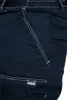 A close-up view of the pocket and logo on a pair of navy blue work pants. Podgląd zdjęcia produktu