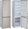 A refrigerator with its door open, showing the interior shelves and drawers, next to a closed view of the same refrigerator. Produktbild-Vorschau