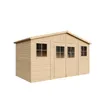 A wooden garden shed with windows and double doors, presented on a white background. Voir les images du produit