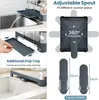 Collage of images showing a dish rack with features like an adjustable spout, an additional drip tray, and expandable components. Podgląd zdjęcia produktu