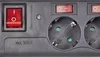 A close-up view of a black power strip with multiple outlets and switches. Produktbild-Vorschau