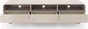 A front view of a modern, beige TV stand with three open shelves and three drawers. Produktbild-Vorschau