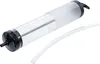 A clear, well-lit studio shot of a fluid transfer pump with a clear cylinder and black end caps, lying on a white background. A clear plastic tube is also visible next to the pump. Anteprima dell’immagine prodotto