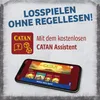 A smartphone displaying the Catan app, with promotional text and branding. Produktbild-Vorschau