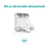 White wireless earbuds and their charging case are displayed, with text indicating battery life. Produktbild-Vorschau