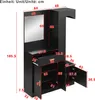 A black wardrobe with a mirror and various compartments, with dimensions indicated by red lines and numbers. Podgląd zdjęcia produktu