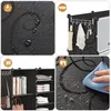 Collage of images showing features of a modular storage unit, including water resistance, hanging hooks, interior shelves with folded items, and a cleaning demonstration. Produktbild-Vorschau
