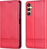A red leather flip case for a smartphone, shown from the front and back. Produktbild-Vorschau