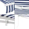 A collage of four close-up images showing different parts of a blue and white striped awning. Náhled obrázku produktu