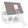 A white wooden bunk bed with a house-shaped roof and a slide, set against a white background. Podgląd zdjęcia produktu