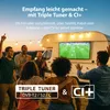 People are watching a TV screen mounted on the side of a camper van at dusk. Produktbild-Vorschau