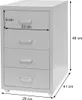 A gray metal filing cabinet with four drawers, shown with dimensions indicated by measurement lines and text. Produktbild-Vorschau