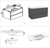 A collage of technical drawings and a 3D render of a bathroom vanity and sink. Produktbild-Vorschau