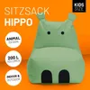 A light green hippo-shaped beanbag chair for children, with text overlays describing its features. Podgląd zdjęcia produktu