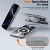 A collage of images showcasing a clear phone case with a kickstand and MagSafe compatibility for an iPhone. Podgląd zdjęcia produktu
