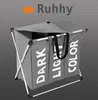 A three-compartment laundry basket with text labels on each compartment. Náhled obrázku produktu