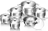 A set of stainless steel pots and pans with glass lids, arranged on a white background. Anteprima dell’immagine prodotto