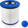 A white hot tub filter with a blue cap next to it. Produktbild-Vorschau