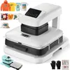 A heat press machine with various items for customization, such as t-shirts, a hat, and a pillow. Náhľad obrázku produktu