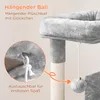 A close-up view of a cat tree with a hanging plush ball toy, highlighting a detail of how the toy is attached. Podgląd zdjęcia produktu