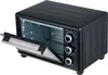 A black mini oven with its door open, showing the interior and control knobs. Produktbild-Vorschau