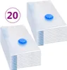 Two stacks of vacuum seal bags with blue valves, one stack in the foreground and one in the background, against a white background. A circular graphic with the number '20' in purple is in the top left corner. Produktbild-Vorschau