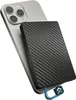 A silver smartphone with a black carbon fiber textured power bank attached to its back. A blue USB-C cable is connected to the power bank. Produktbild-Vorschau