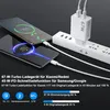 Two smartphones are charging from a white power strip plugged into a white 67W charger. Produktbild-Vorschau