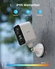 A white security camera is mounted on a gray wall, with rain and snow icons and text indicating weather resistance. A temperature gradient is shown at the bottom. Náhled obrázku produktu