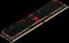 A computer RAM module with a black and red heat spreader against a black background. Voir les images du produit
