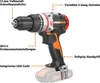 A cordless drill with various features highlighted by text labels. Produktbild-Vorschau