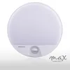 A white, circular LED outdoor wall light with a motion sensor is shown against a white background. The brand name 'max KOMFORT' is visible in the lower right corner. Produktbild-Vorschau