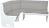 A white corner bench with gray upholstered cushions and backrest, shown against a white background. Produktbild-Vorschau