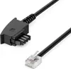 A close-up shot of two connectors of a black telephone cable on a white background. Produktbild-Vorschau