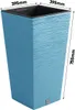 A tall, blue, square planter with a textured surface, shown from a slightly angled front view with dimensions indicated. Voir les images du produit