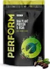 A black pouch of vegan protein powder with green and yellow accents, placed on a white background. There are also some cacao beans and leaves in the foreground. Voir les images du produit