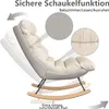 A rocking chair is shown in a reclined position with close-ups of the fabric and a diagram illustrating its rocking function. Náhľad obrázku produktu