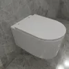 A modern white wall-mounted toilet with a closed lid, set against a grey marble-tiled wall and floor. Produktbild-Vorschau